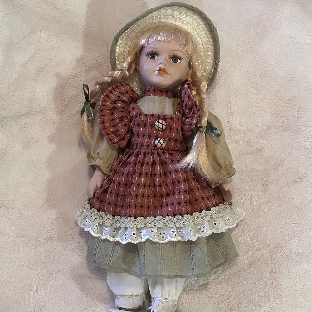 Vintage 12” Taizhou Porcelain Doll with Red Dress and Braided Hair